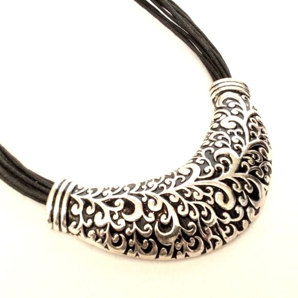 Ornate Silver Tone and Black Cord Statement Necklace - Picture 3 of 6
